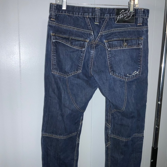 ED HARDY Denim C. AUDIGIER Button Fly Knee Pad Straight leg jeans Sz 33x 32 Y2K - Picture 8 of 14